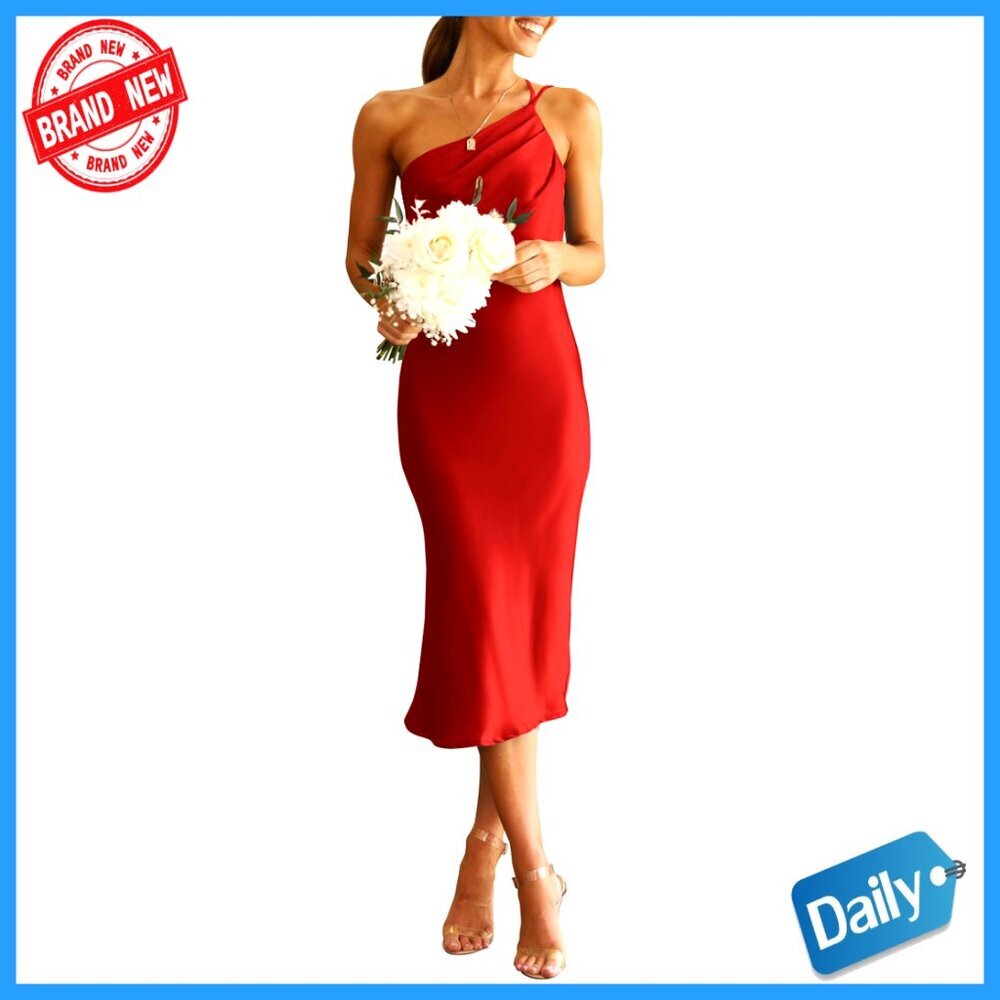 Satin Midi Dress One Shoulder Spaghetti Strap Backless Ruched Bodycon Chic